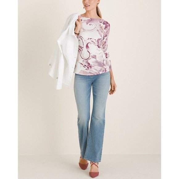 Chico's 1 Women's Medium Sweater Purple White Cream Paisley Bateau Neck Pullover - Picture 15 of 15